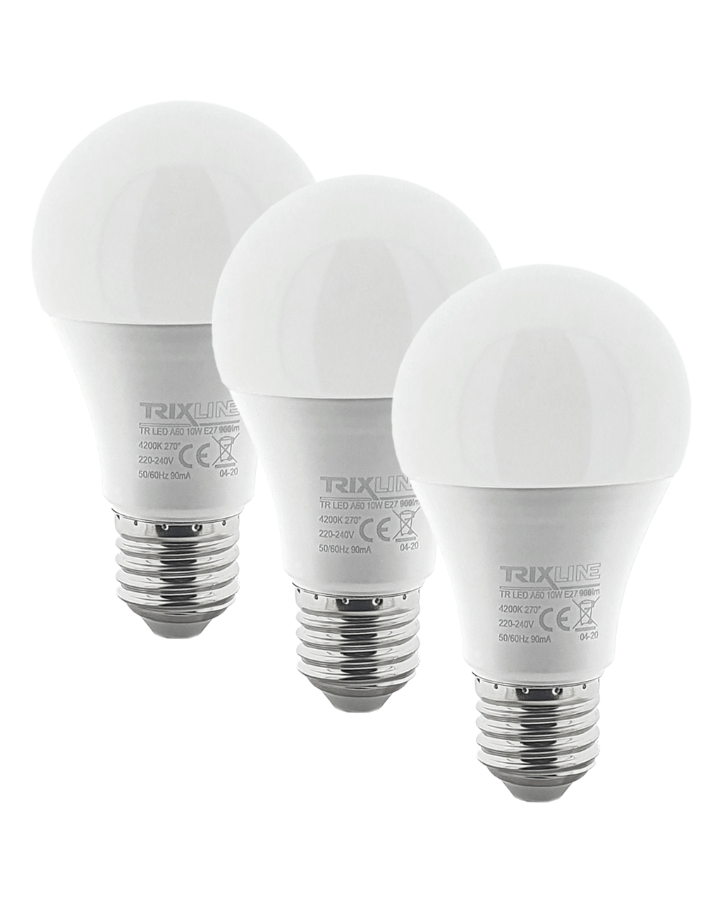 Trixline10W/3db A60 E27 2700K meleg fehér 3 db-os
