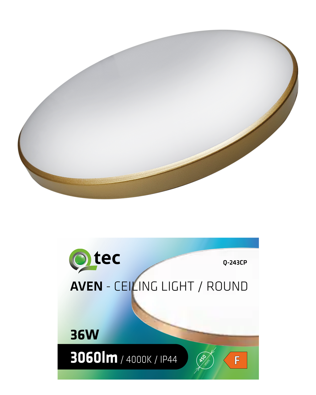 AVEN Q-243CP 36W 3060lm 4000K ø45cm/kerek arany QTEC LED mennyezeti lámpa AVEN Q-243CP 36W 3060lm 4000K ø45cm/kerek arany QTEC LED mennyezeti lámpa