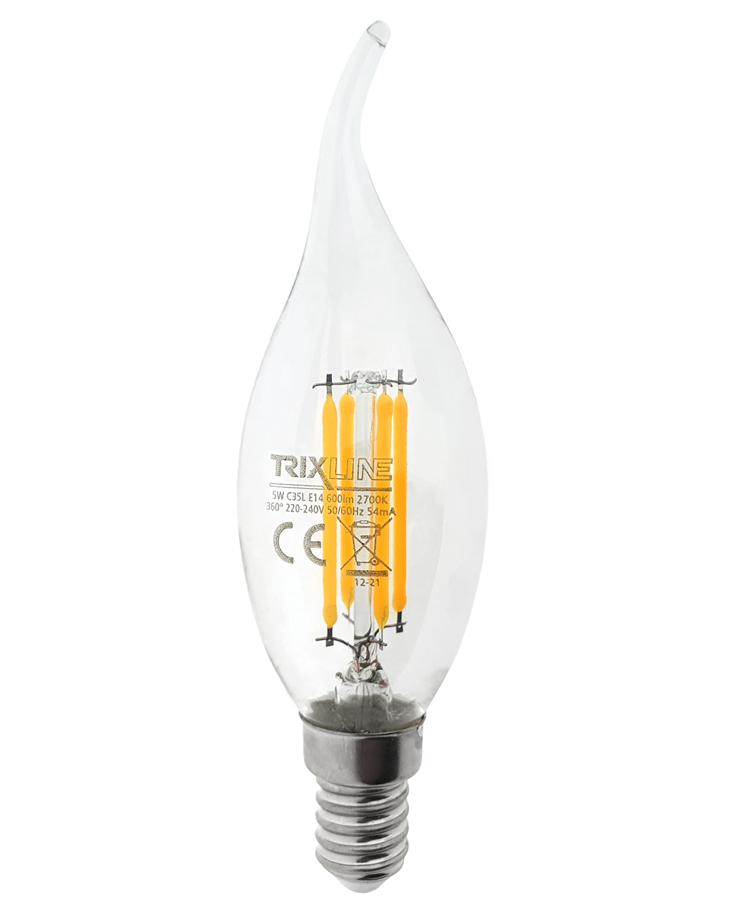 Dekoratív FILAMENT Trixline 5W 600lm C35L E14 2700K meleg fehér