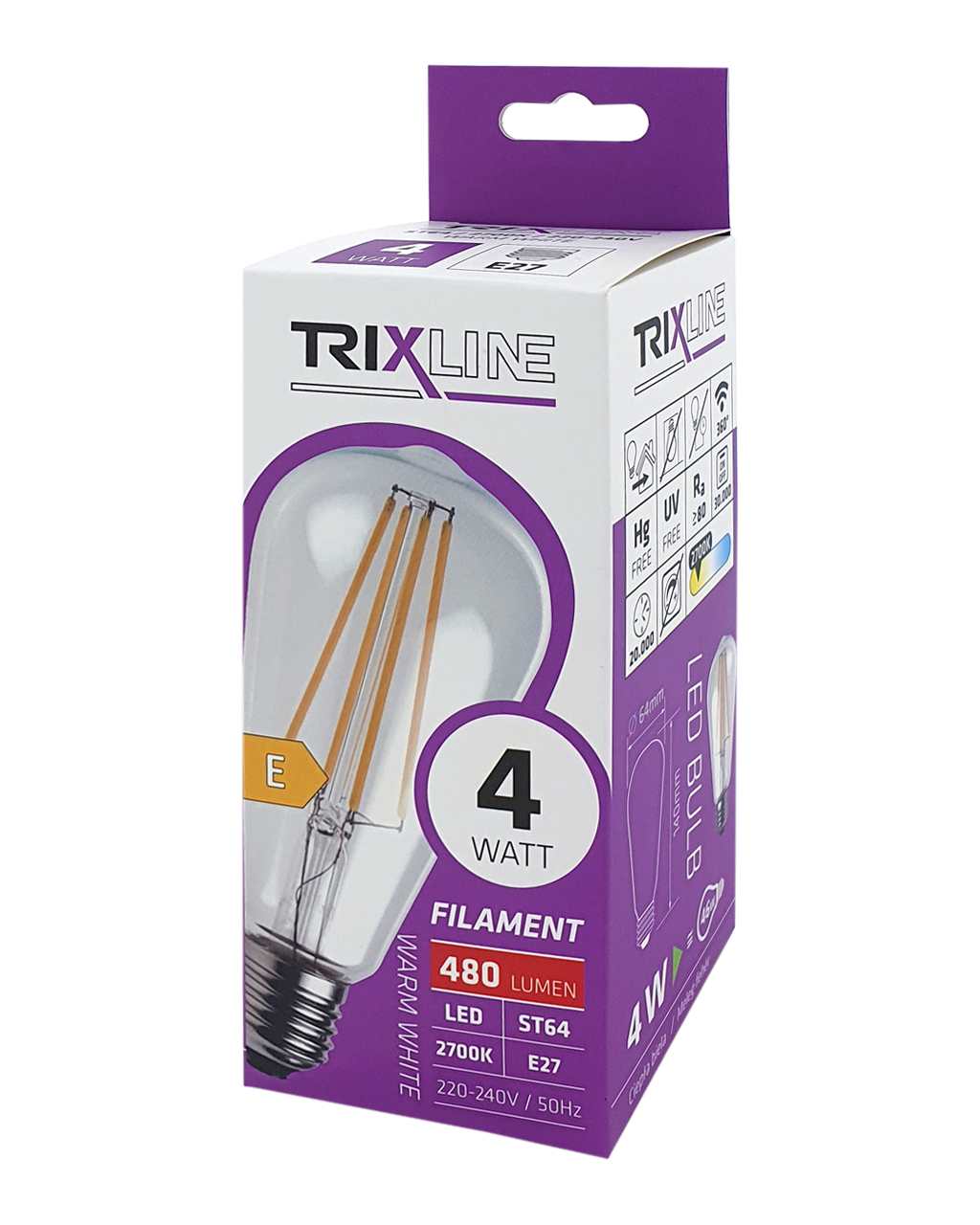 Dekoratív LED izzó FILAMENTST64 E27 4W 2700K 480lm meleg fehér Trixline Dekoratív LED izzó FILAMENTST64 E27 4W 2700K 480lm meleg fehér Trixline