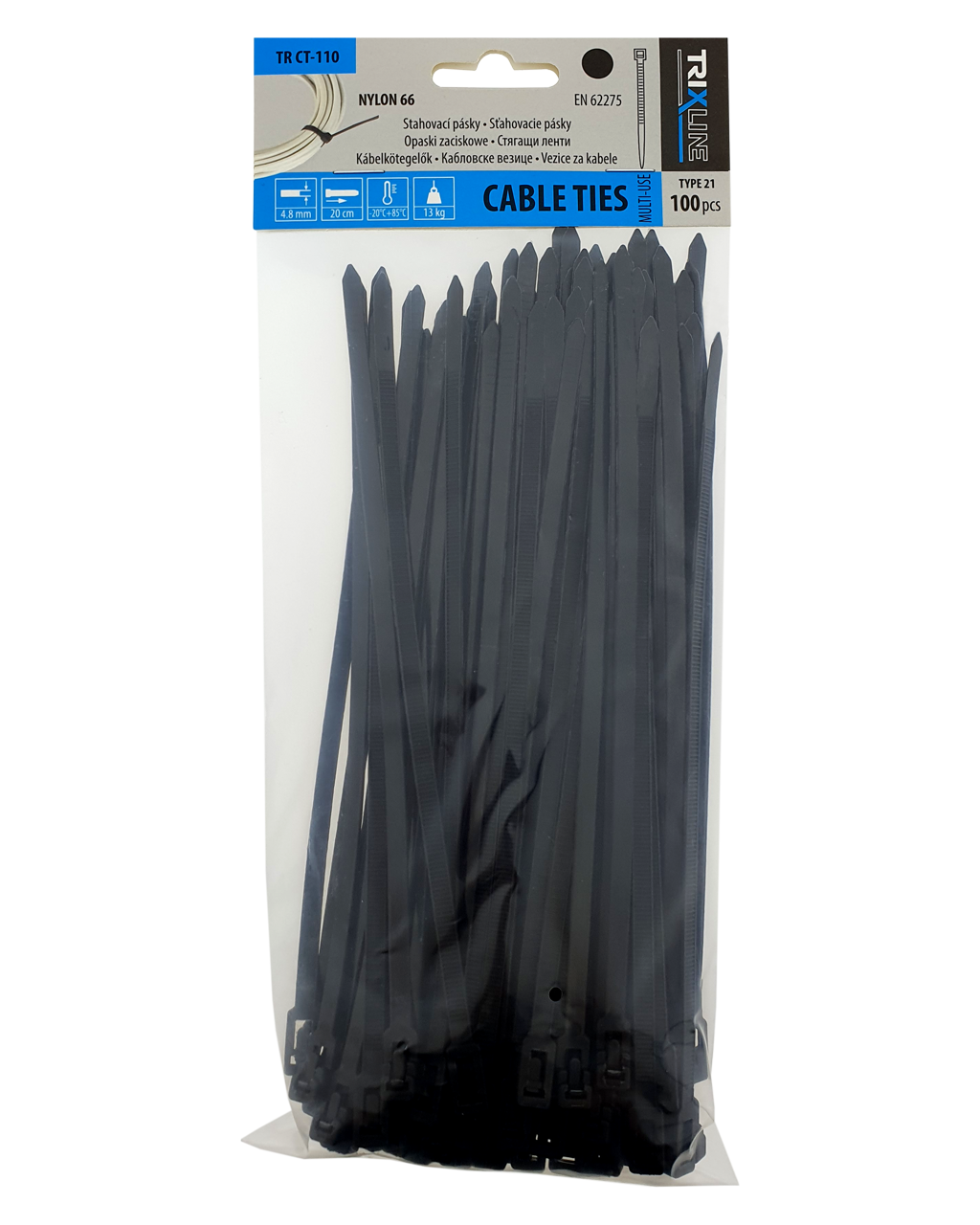 Kábelkötegelő TR CT-110 200×4,8mm, fekete TRIXLINE, 100 db, kioldható Kábelkötegelő TR CT-110 200×4,8mm, fekete TRIXLINE, 100 db, kioldható