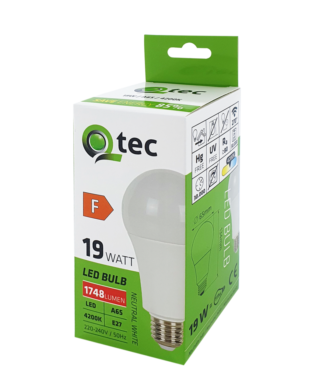Q-TEC 19W LED E27 4200K A65 1748lm - Image 2