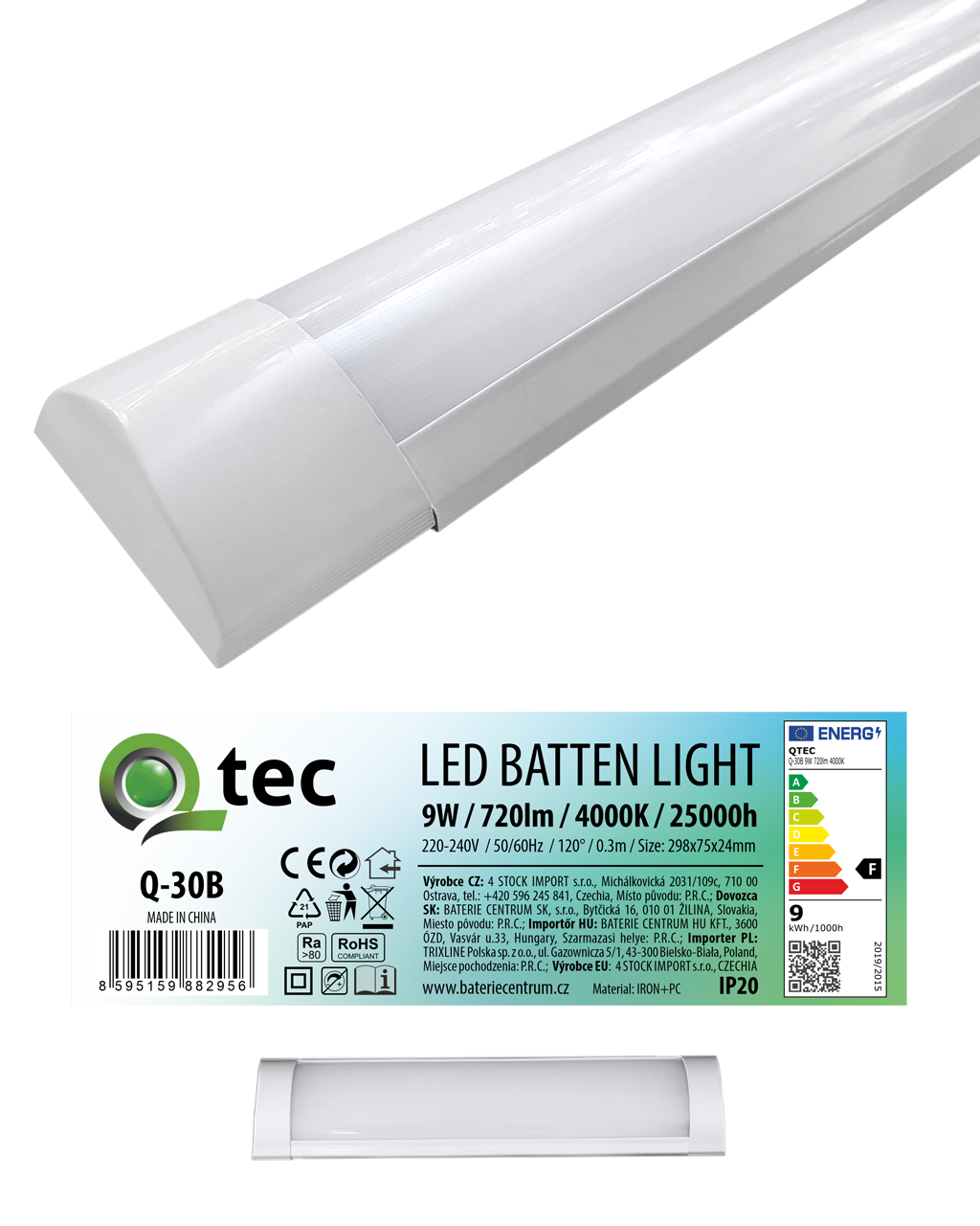 Q-30B 9W QTEC 30cm LED BATTEN LIGHT világító lámpa - fehér