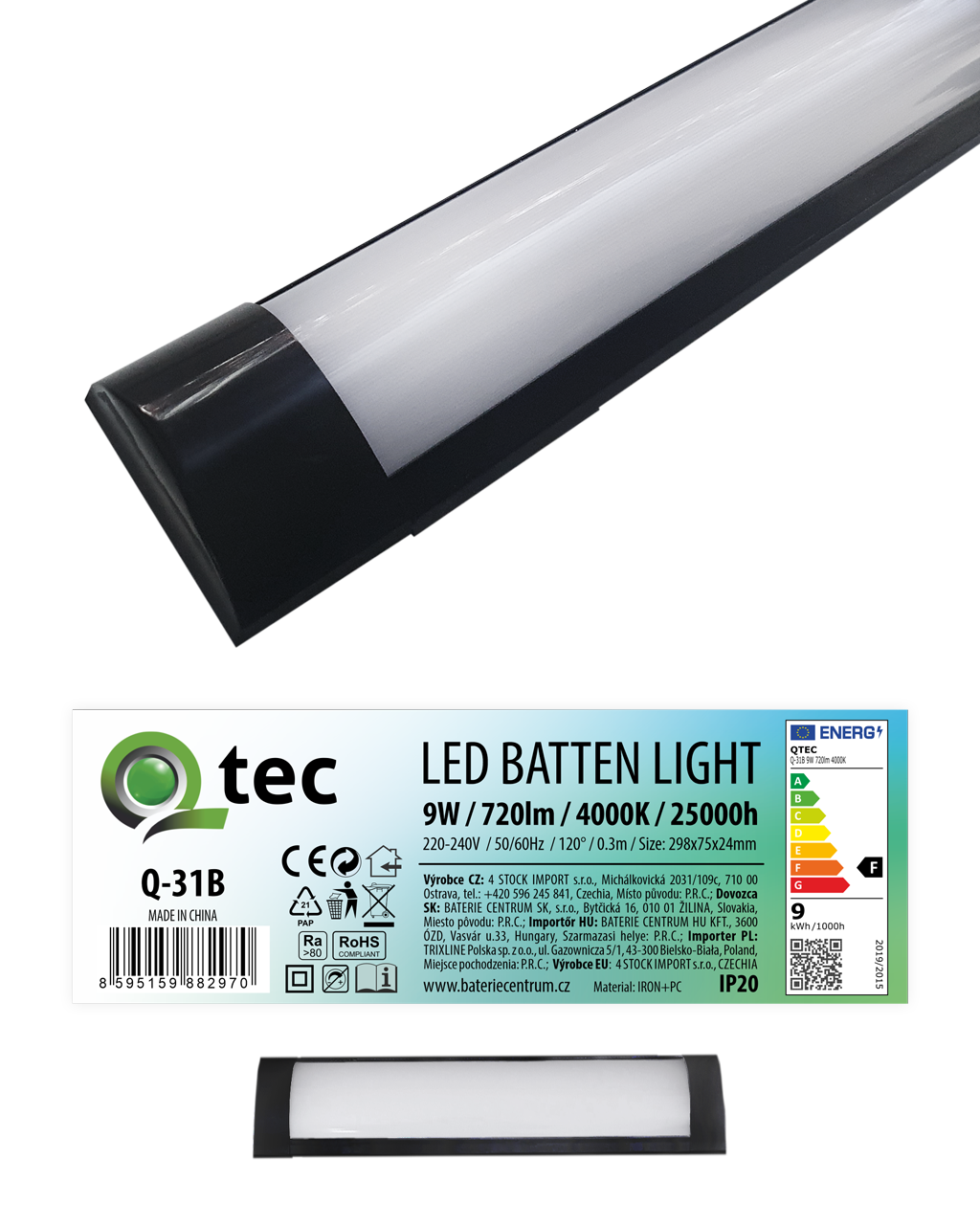 Q-31B 9W QTEC 30cm LED BATTEN LIGHT világító lámpa - fekete