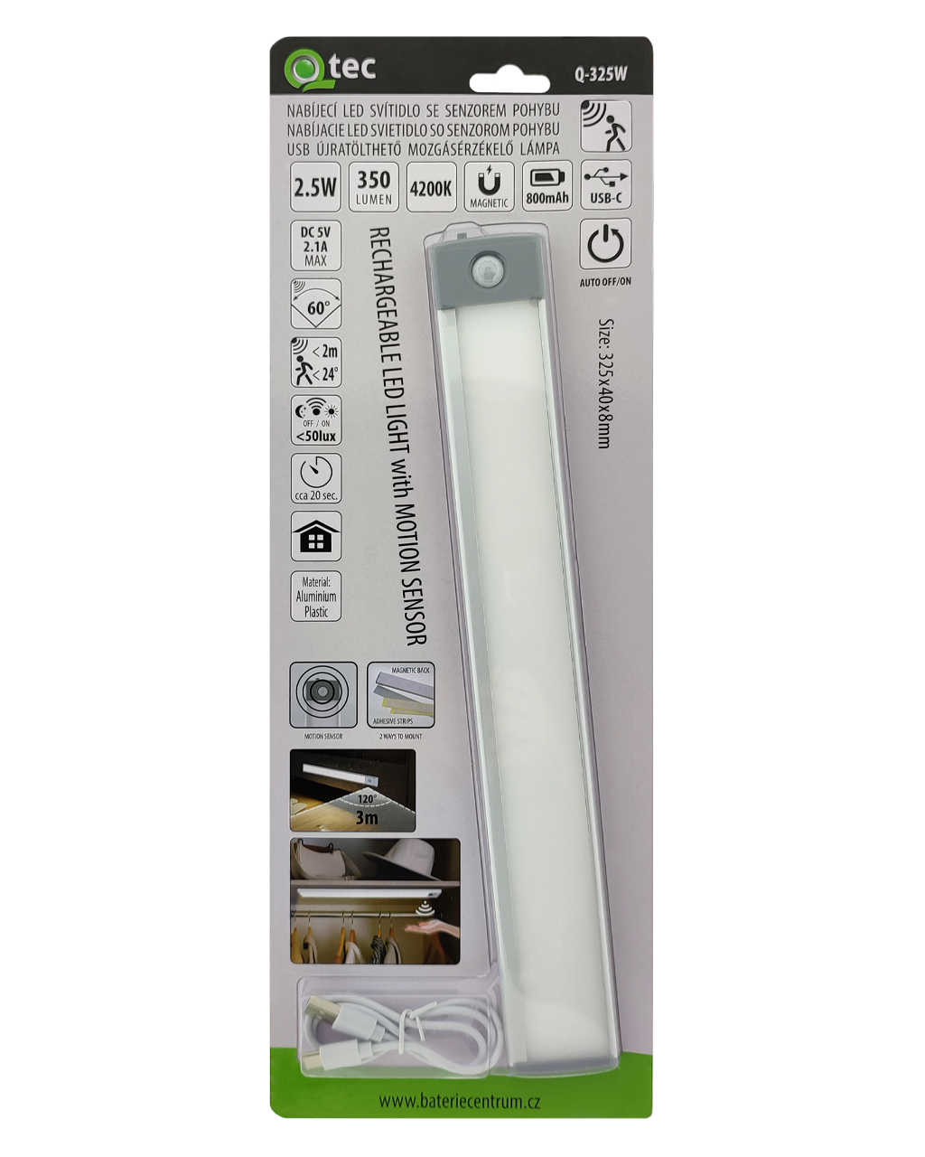 Q-325W USB újratölthető LED világítás 2.5W 4200K mozgásérzékelő QTEC Q-325W USB újratölthető LED világítás 2.5W 4200K mozgásérzékelő QTEC
