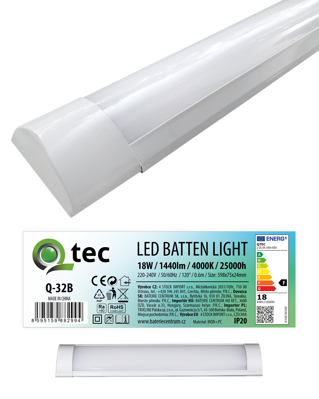 Q-32B 18W QTEC 60cm LED BATTEN LIGHT világító lámpa - fehér