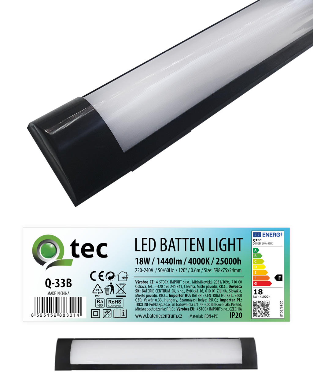 Q-33B 18W QTEC 60cm LED BATTEN LIGHT világító lámpa – fekete Q-33B 18W QTEC 60cm LED BATTEN LIGHT világító lámpa – fekete