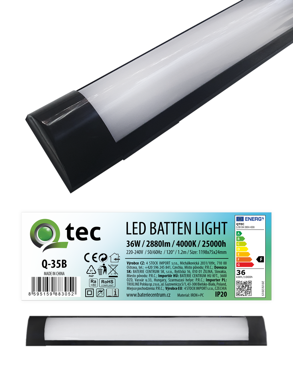 Q-35B 36W QTEC 120cm LED BATTEN LIGHT világító lámpa - fekete