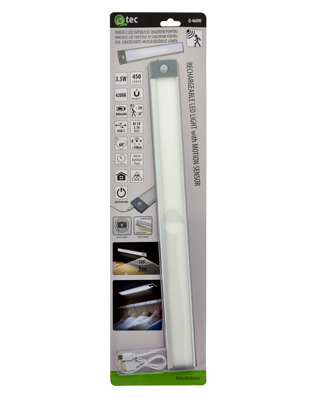 Q-460W USB újratölthető LED világítás 3.5W 4200K mozgásérzékelő QTEC Q-460W USB újratölthető LED világítás 3.5W 4200K mozgásérzékelő QTEC