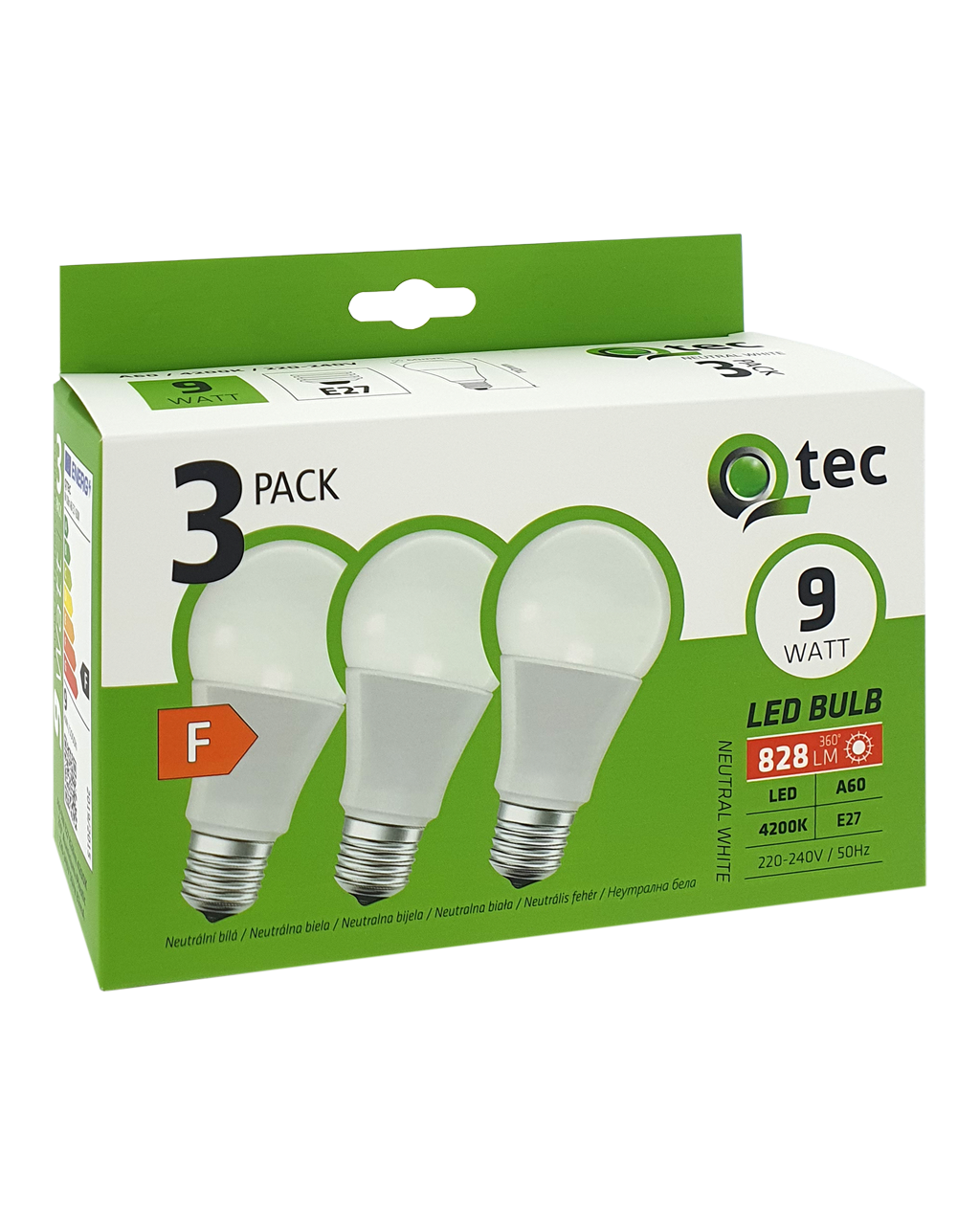 Q-TEC 9W/3 A60/E27 4200K 828lm/semleges fehér 3 db-os Q-TEC 9W/3 A60/E27 4200K 828lm/semleges fehér 3 db-os
