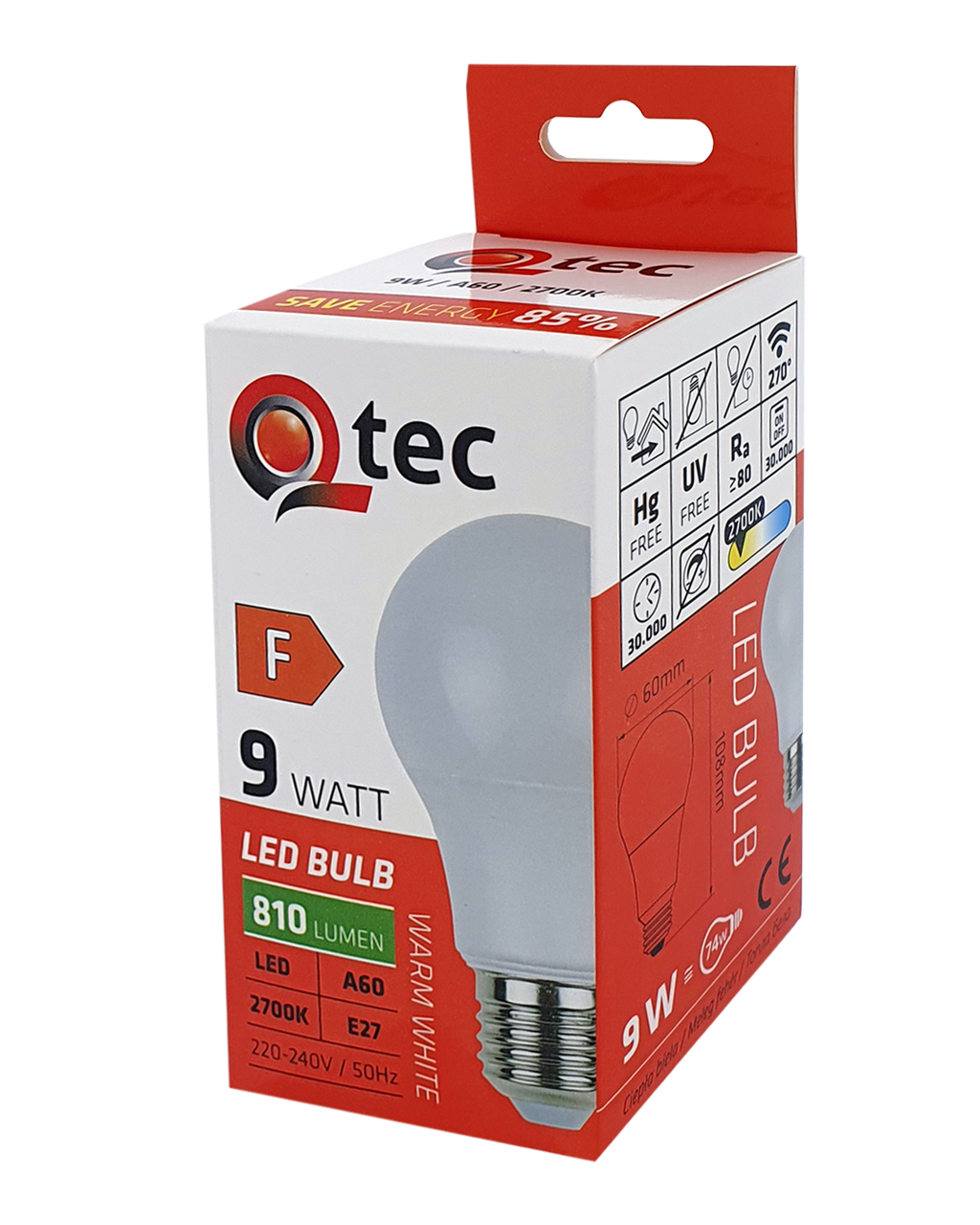 Q-TEC 9W A60 E27 810lm 2700K meleg fehér - Image 3