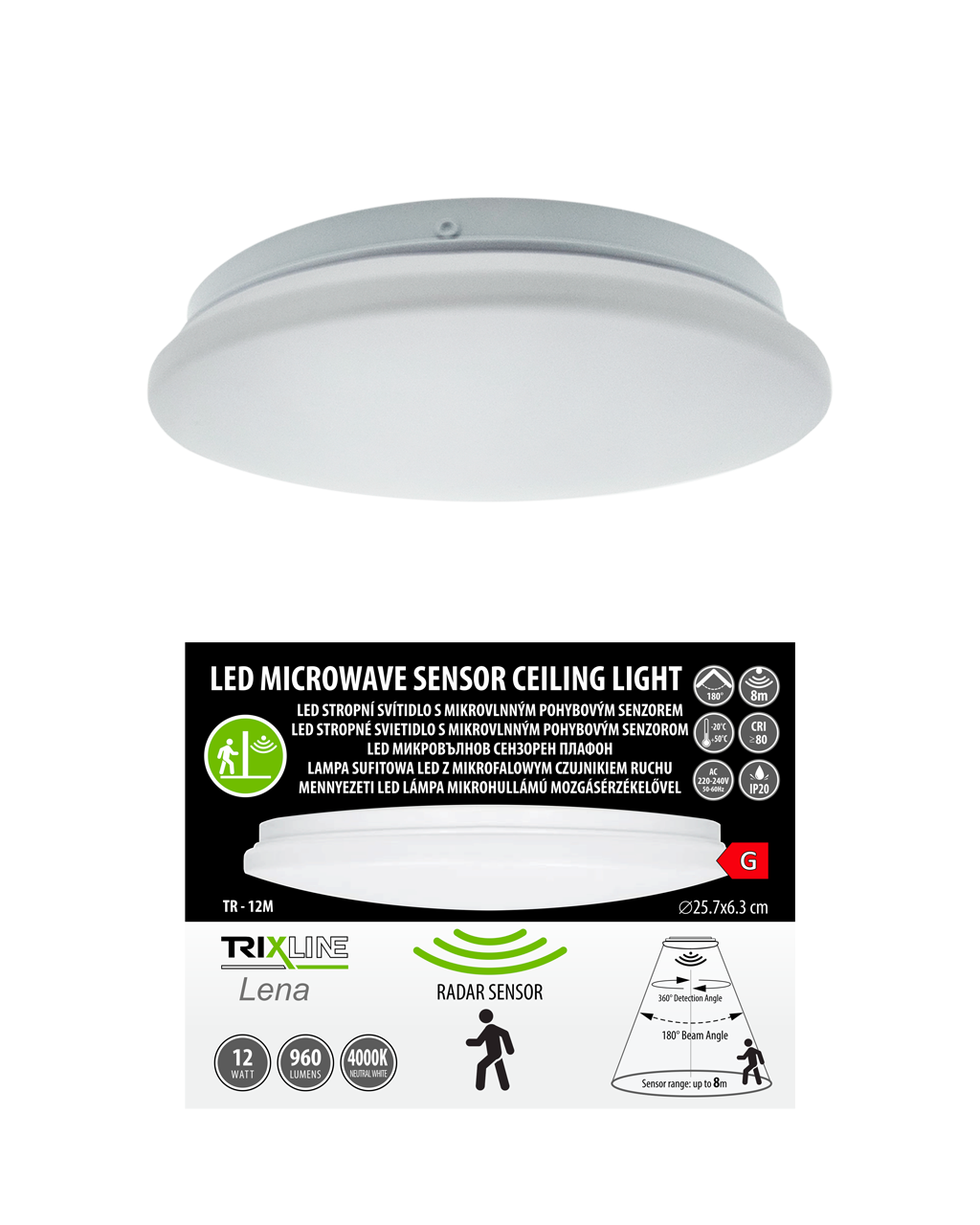 TR-12M LED 12W/960lm/4000K szenzoros, kerek mennyezeti lámpa fényű - fehér Trixline LENA