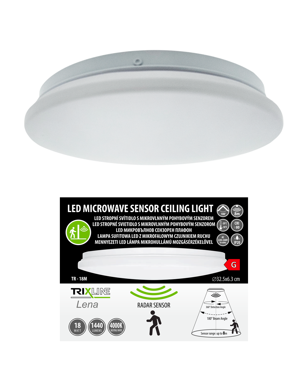 TR-18M LED 18W/1440lm/4000K szenzoros, mennyezeti lámpa kerek fényű - fehér Trixline LENA