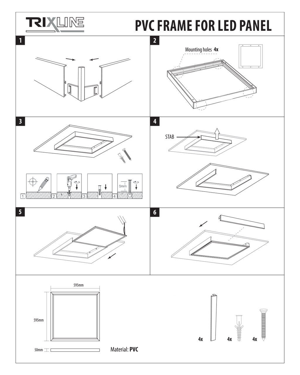 TR-20A PVC kerer panelhez 595x595x50mm fehér Trixline TR-20A PVC kerer panelhez 595x595x50mm fehér Trixline