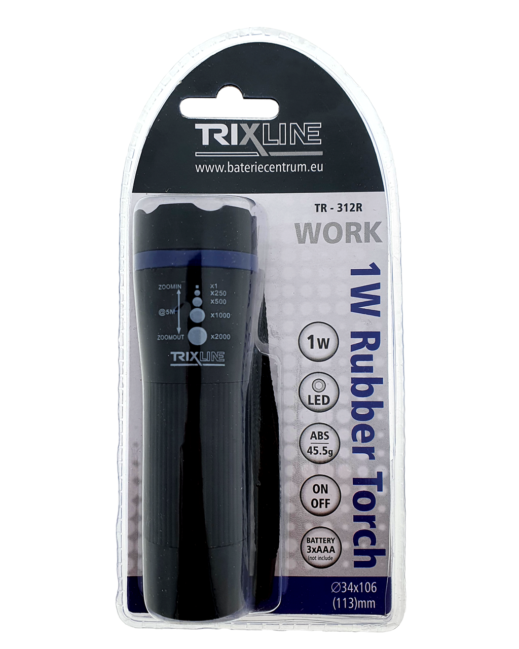 TR 312R fekete Kézi LED-es zseblámpa zoommal , ABS/1W - Image 2