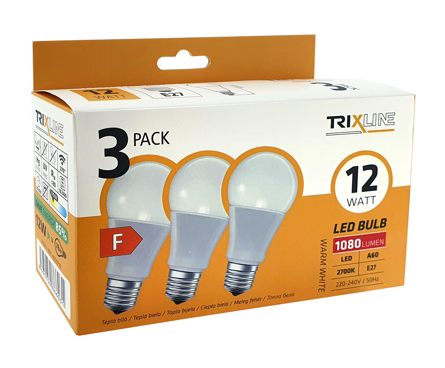 Trixline 12W/3db A60 E27 2700K meleg fehér 3 db-os Trixline 12W/3db A60 E27 2700K meleg fehér 3 db-os