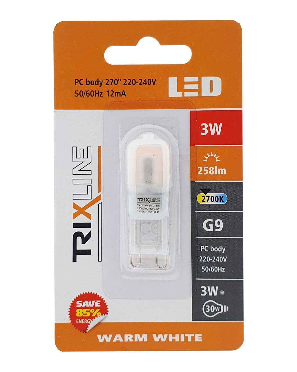 Trixline 3W G9 2700K meleg fehér Trixline 3W G9 2700K meleg fehér