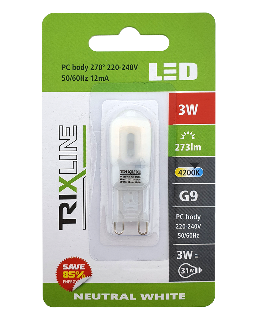 Trixline 3W G9 4200K semleges fehér Trixline 3W G9 4200K semleges fehér