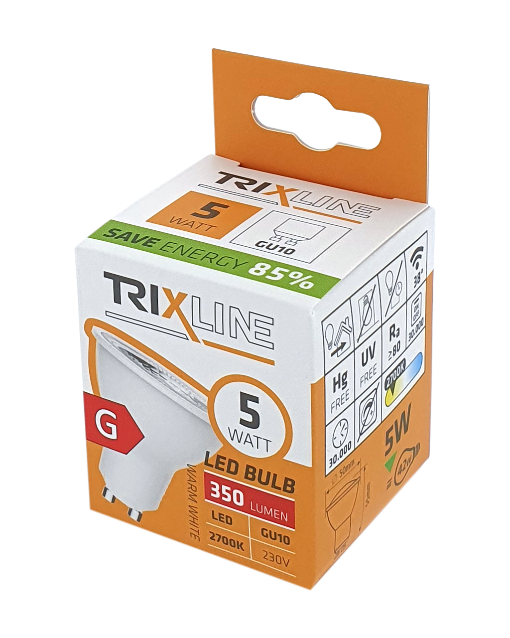Trixline 5W GU10 2700K LED izzó meleg fehér 350lm Trixline 5W GU10 2700K LED izzó meleg fehér 350lm