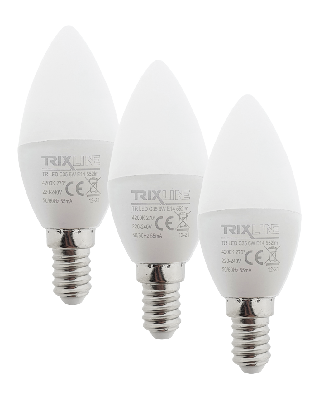Trixline 6W/3db C35 E14 4200K semleges fehér 3 db-os Trixline 6W/3db C35 E14 4200K semleges fehér 3 db-os