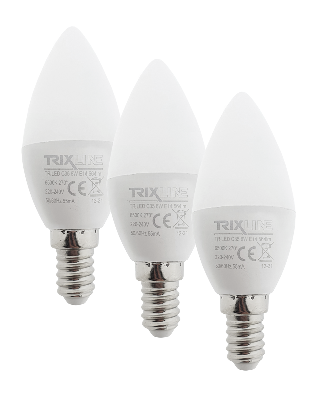 Trixline 6W/3db C35 E14 6500K magas fehér 3 db-os Trixline 6W/3db C35 E14 6500K magas fehér 3 db-os