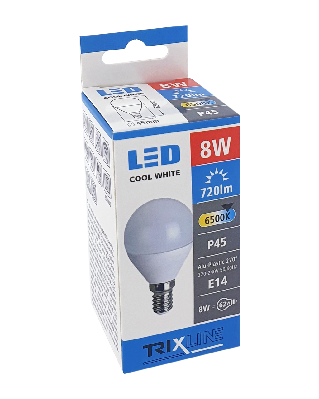 Trixline 8W E14 P45 6500K hideg fehér Trixline 8W E14 P45 6500K hideg fehér