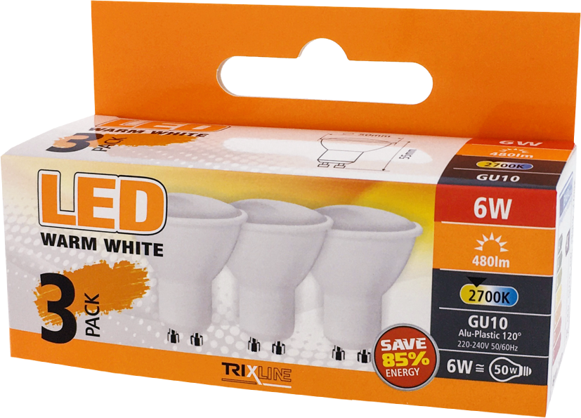 Trixline LED izzó 6W GU10 2700K meleg fehér 3 db-os Trixline LED izzó 6W GU10 2700K meleg fehér 3 db-os